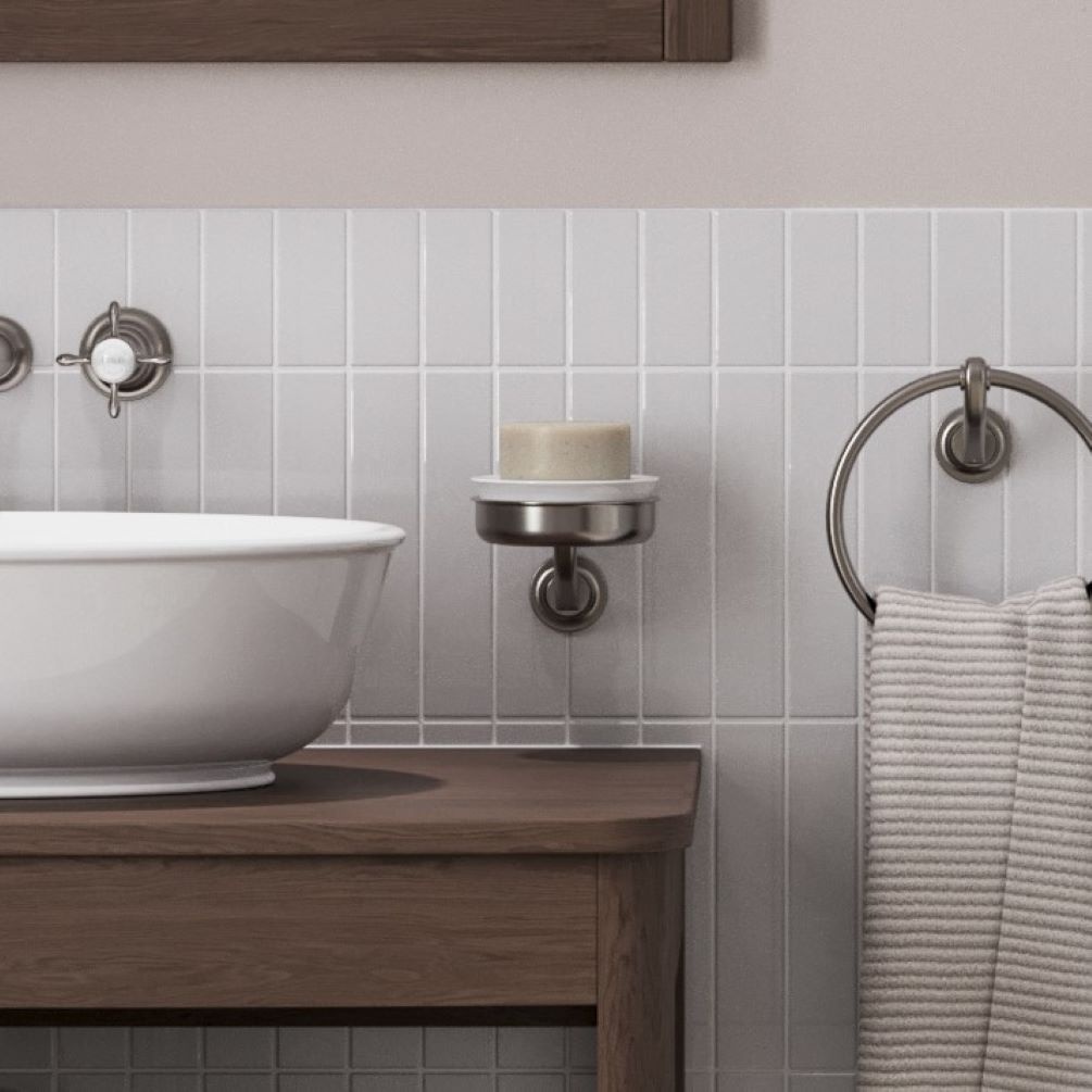 Wide lifestyle image of Burlington Guild Brushed Nickel Wall Mounted Soap Dish